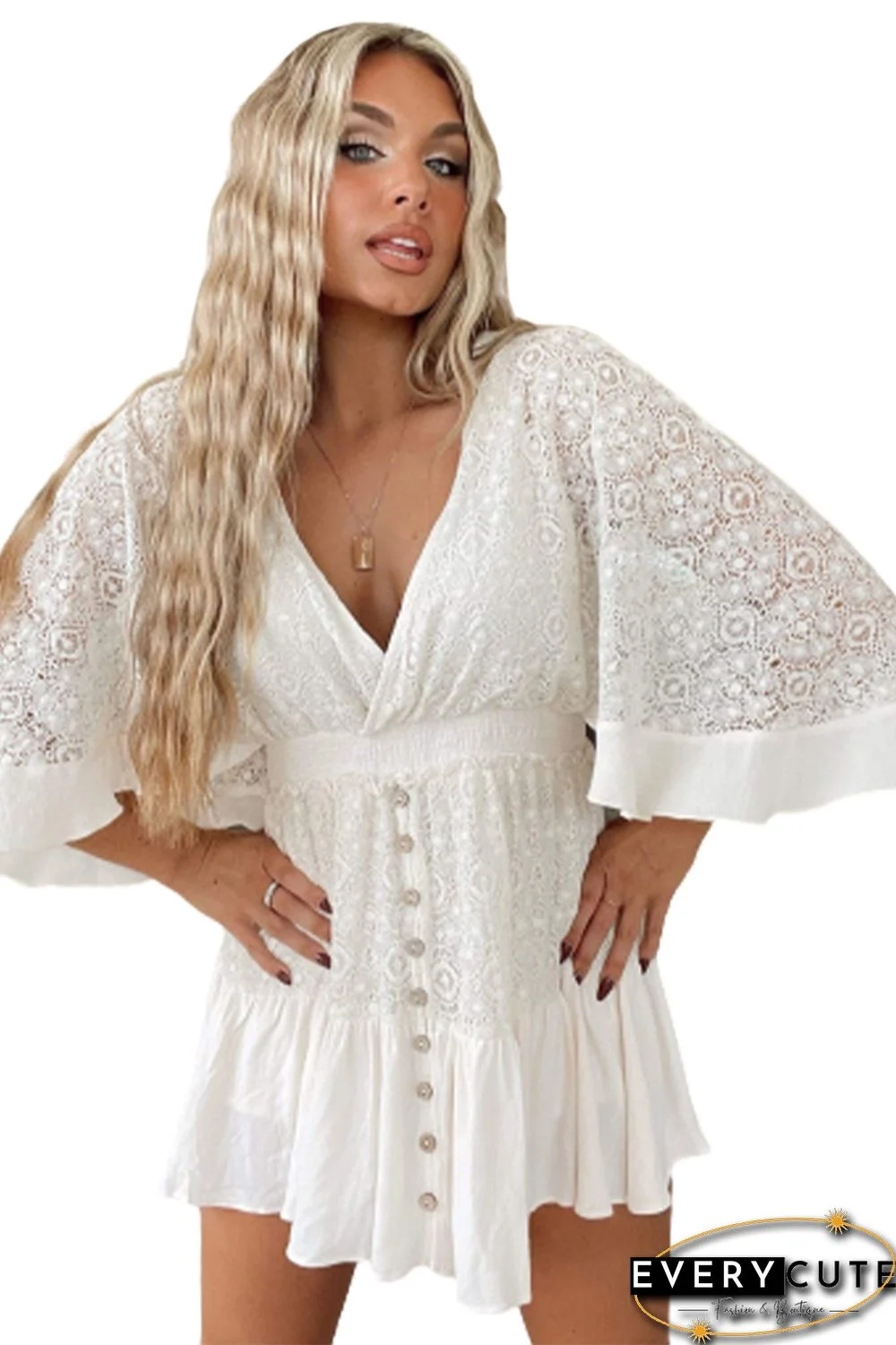 White Lace Crochet Buttons Bell Sleeve V Neck Mini Dress