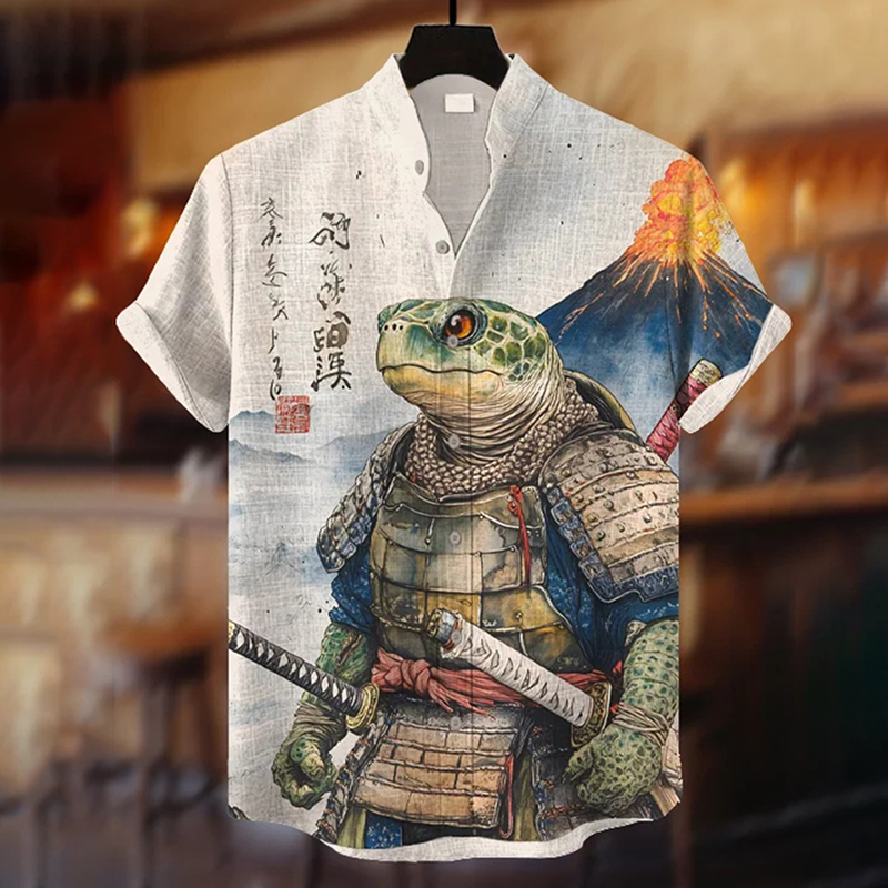 Men's Retro Calligraphy Turtle Samurai Volcanic Eruption Print Short Sleeve Shirt