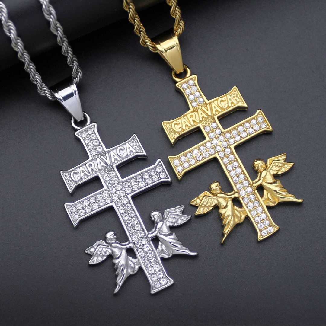Caravaca Angel Cross Rhinestone Paved Iced Out Pendant Necklace-VESSFUL