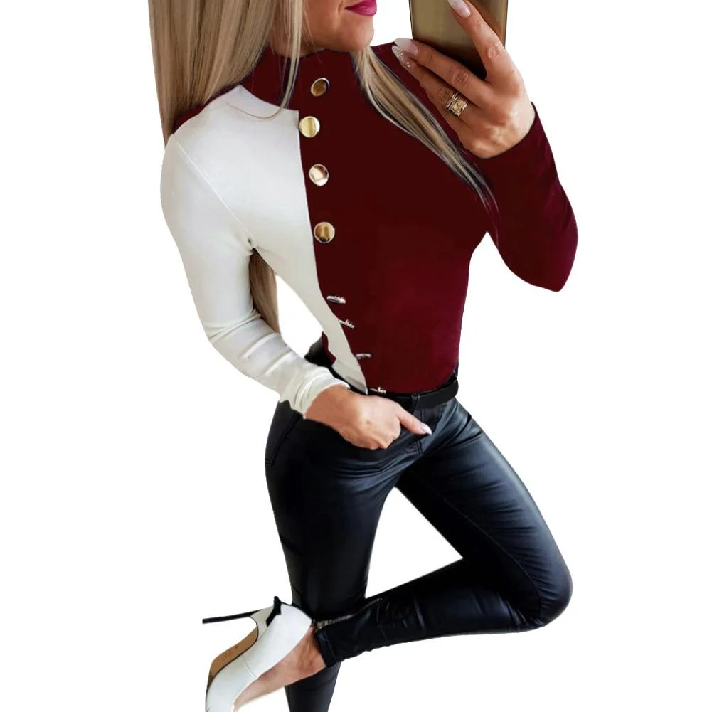 Women Autumn Patchwork Long Sleeve Turtle Neck Button Pullover Shirt Blouse Top Perfect to match with all variety of jeans coats