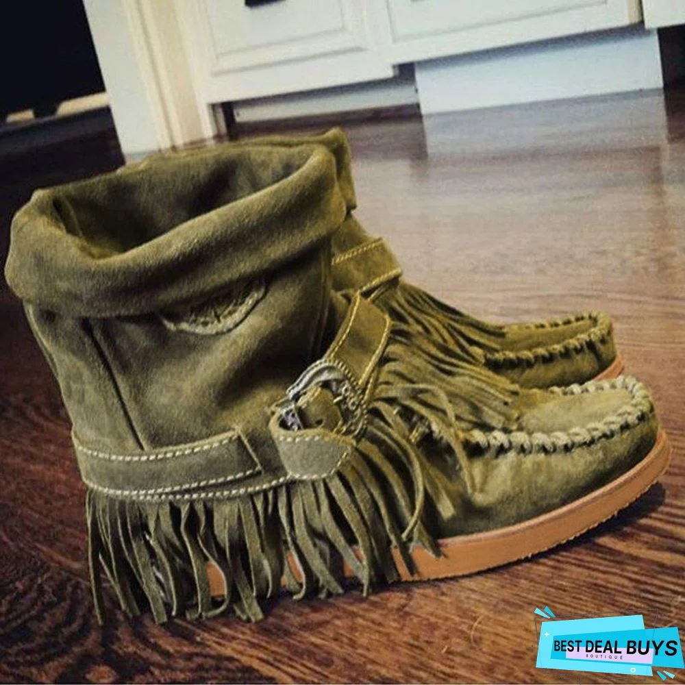Women's Fringe Round Toe Retro Boots