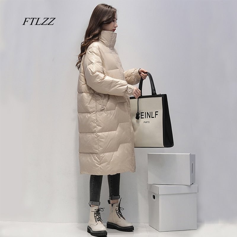 FTLZZ Winter Stand Collar Solid Long Down Jacket Women 90% White Duck Down coat Yellow Down Parka Blue Thick Warm Snow Outerwear
