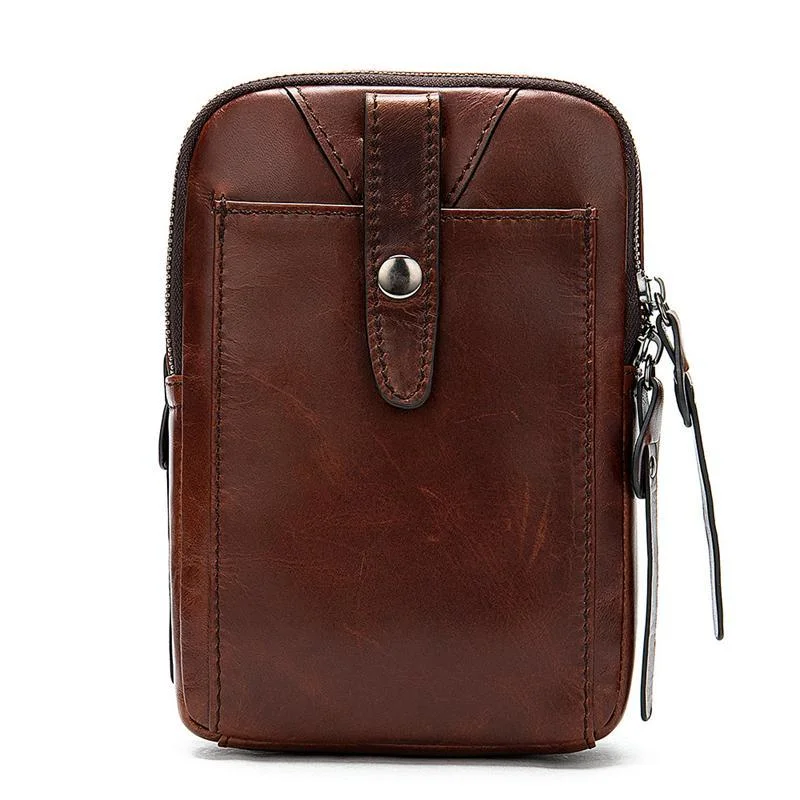Men's Leather Belt Bag Retro Double Zipper Phone Bag
