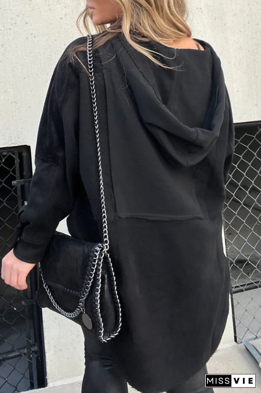 Casual Solid Pocket Slit Hooded Collar Tops