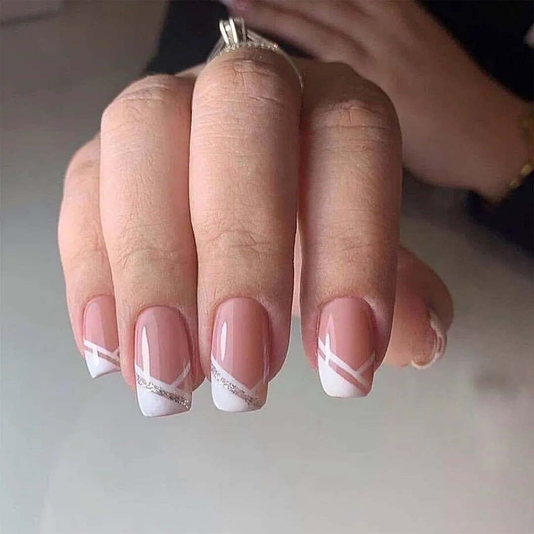 24pcs Detachable False Nails French with Black Line Fake Nails Full Cover Nail Art Tips Press on Nails with Glue Manicure Tools 515-1-Nail Inspo