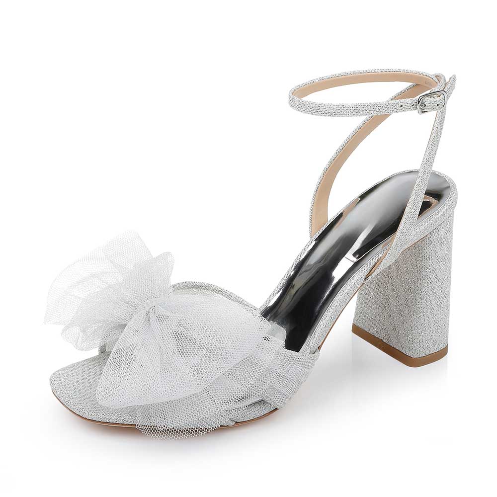 Fabric Sophisticated Mesh Bow Inlay Ankle Strap Silver Sandals      Nicepairs