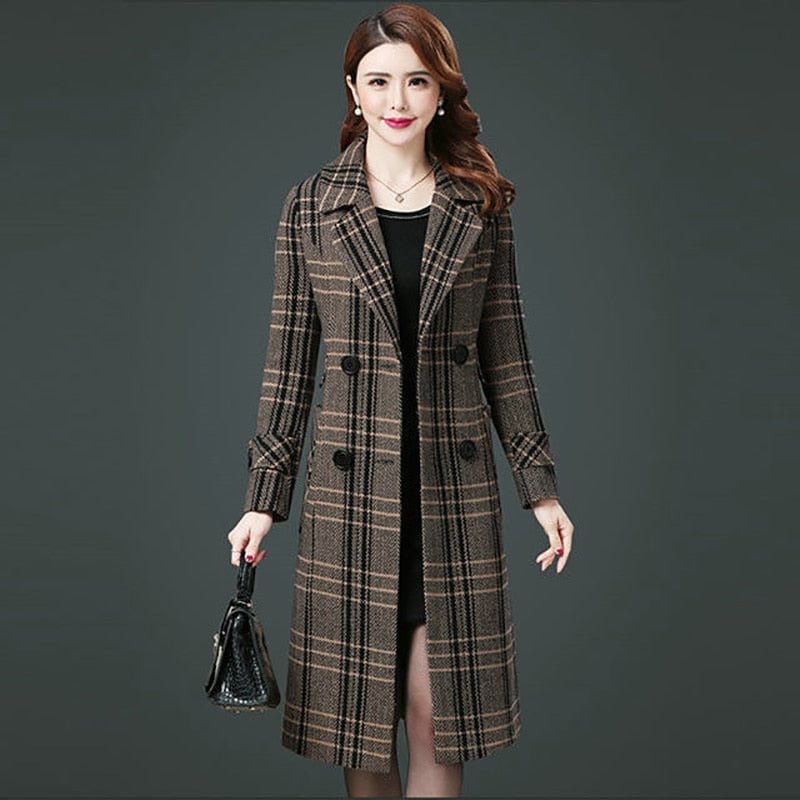 Woolen Coat Women Mid-Length Autumn Winter New Long Section Over The Knee Thick Warm Fashion Houndstooth Tartan Woolen Jacket