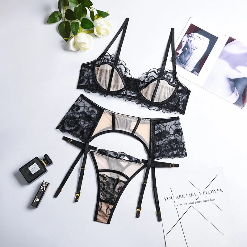 MIRABELLE Erotic Lingerie Set Woman 3-Piece Sensual Underwear Push Up Bra Set Fancy Embroidery Garters Transparent Brief Sets