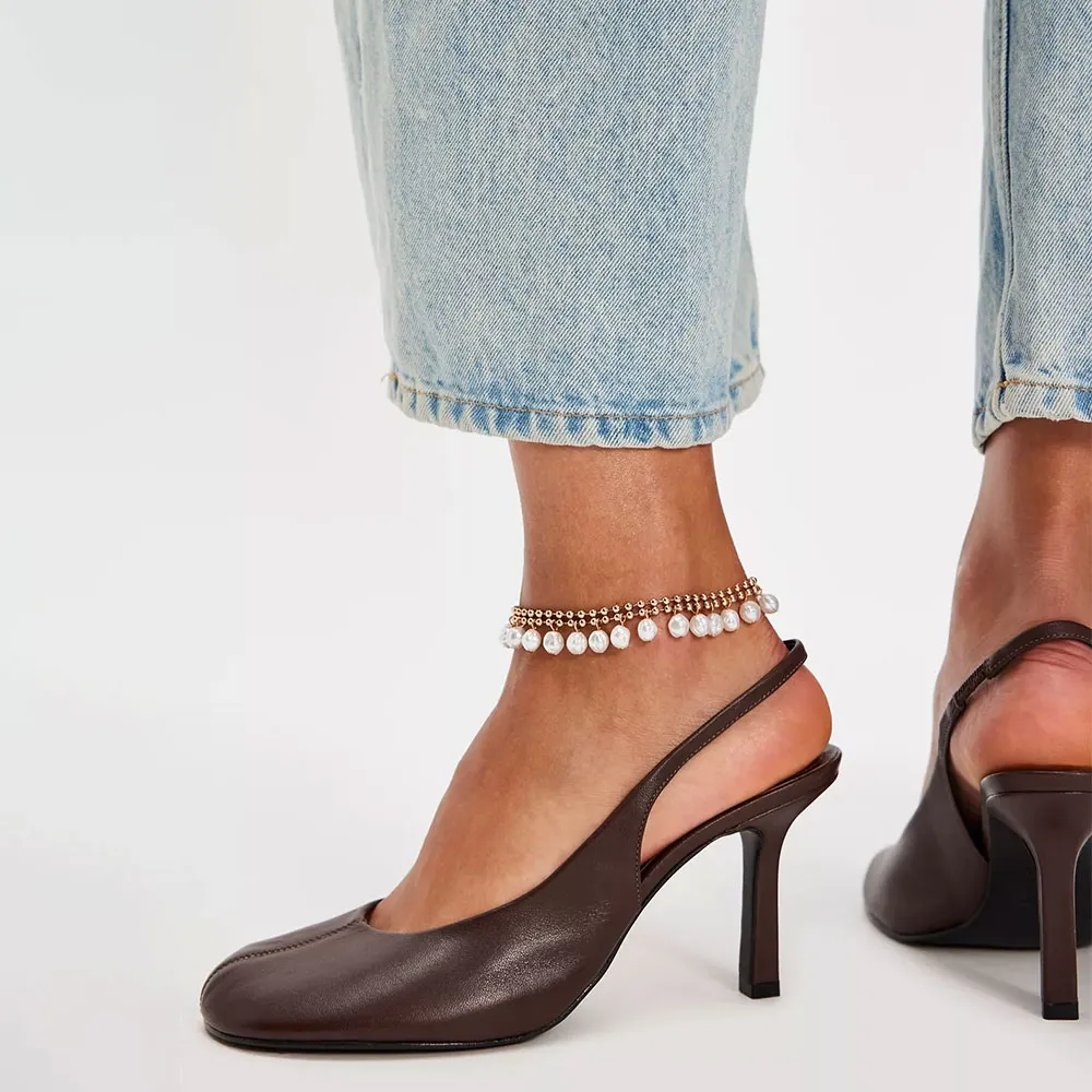 Classic Brown Vegan Leather Round Toe Slip-On Slingback Heels