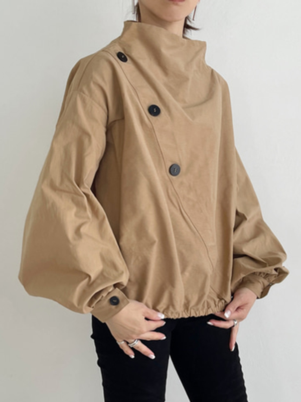 Lantern Sleeve Button High Neck Ruched Blouses