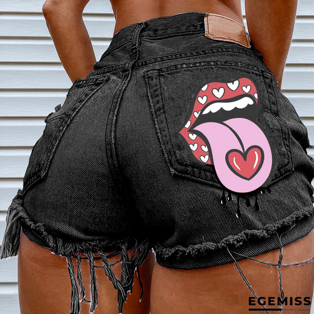 Black Casual Print Mid Waist Skinny Denim Shorts | EGEMISS