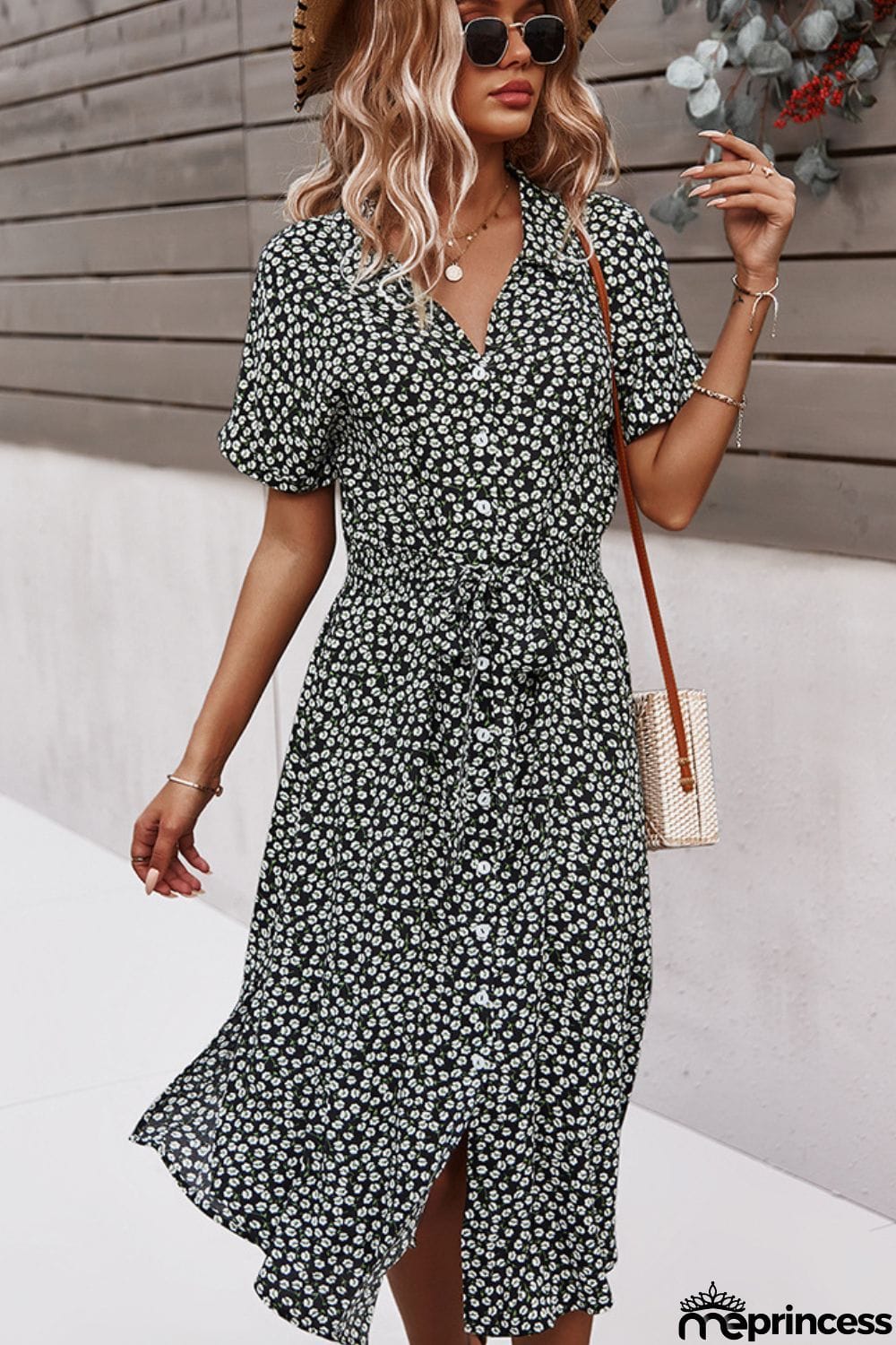 Floral Tie Front Slit Dress