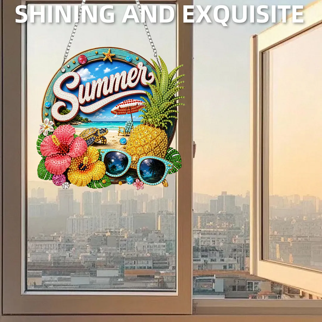 Summer Pineapple Beach 2D Flat DIY PET Diamond Painting Pendant Special Shape Hanging Gem Art Paintings Charm Single Side Drill for Adults Home Wall Window Decor