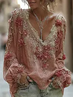 Women's Retro Bohemian Floral Linen Long-sleeved T-shirt