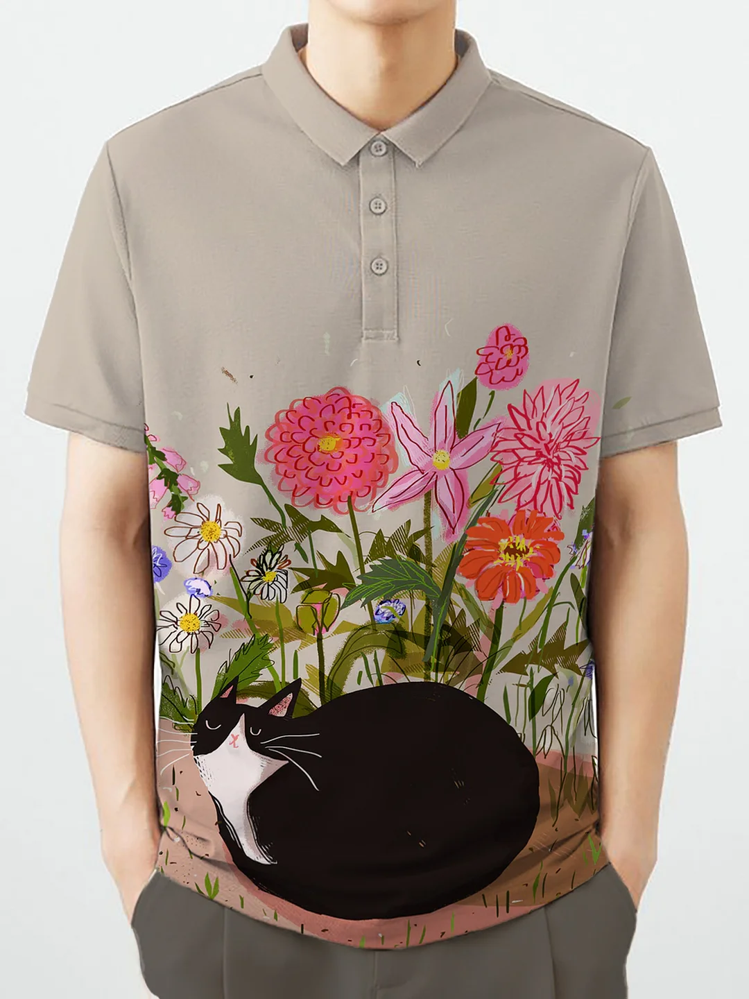 Men's Lazy Black Cat Flowers Print Short Sleeve Shirt
