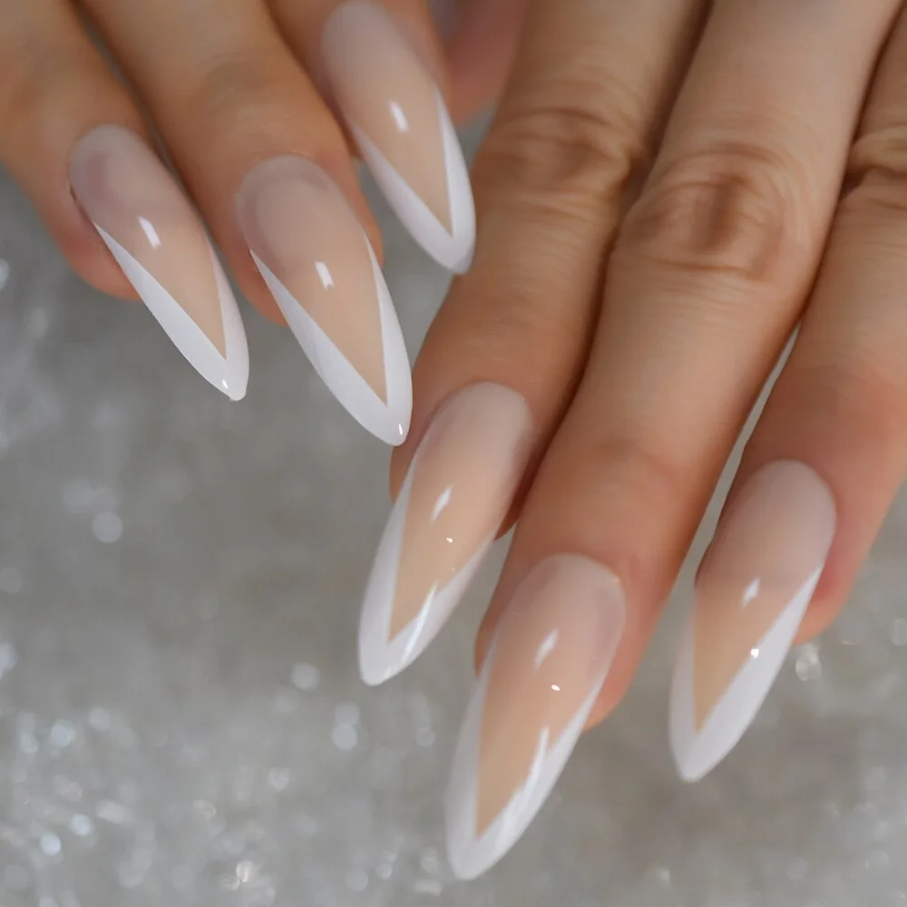 Square False Nails Nude Ombre Gradient French Tips Predesigned Press On Nails White Extra Long Natural Fingernails NOV-Nail Inspo