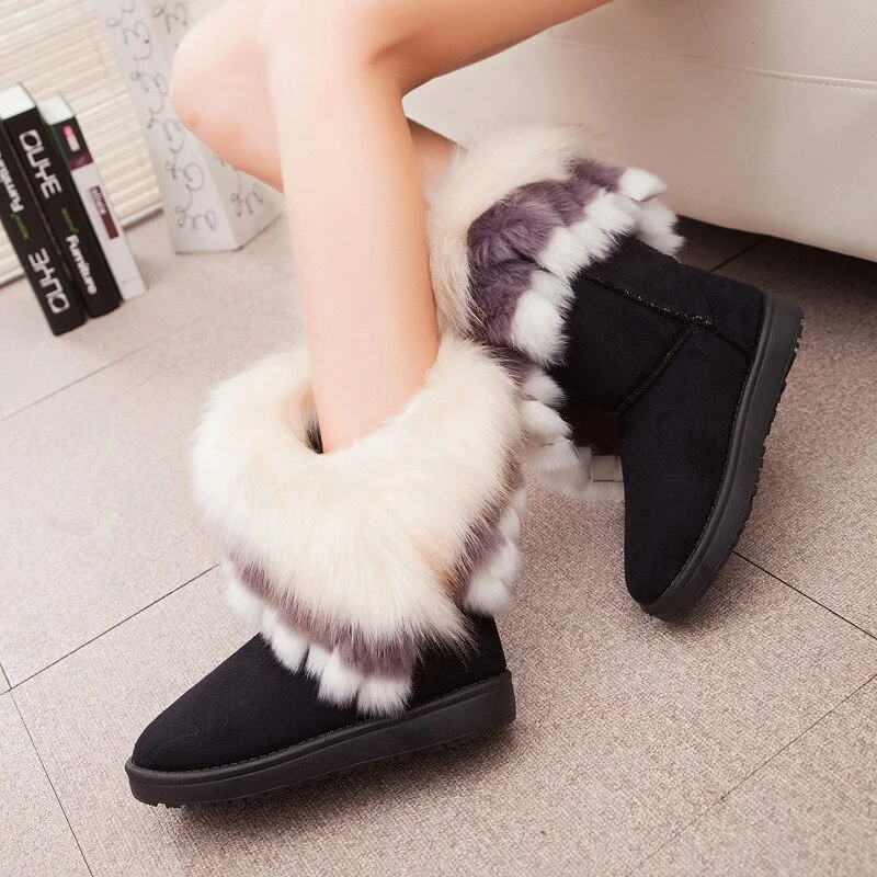 Qengg Women Fur Boots Ladies Winter Warm Ankle Boots for Women Snow Shoes Style Round-toe Slip on Female Flock Snow Boot Ladies Shoes