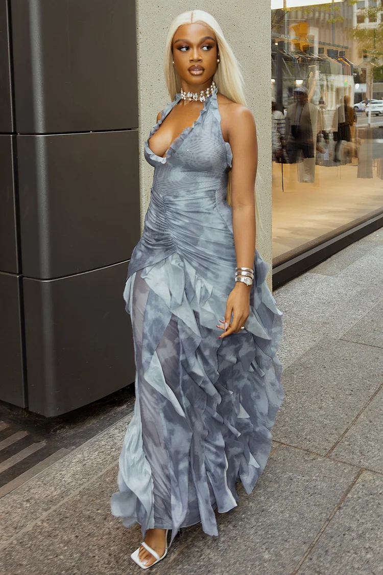 Halter Neck Ruched Print Ruffle Hem Party Maxi Dresses-Blue [Pre Order]