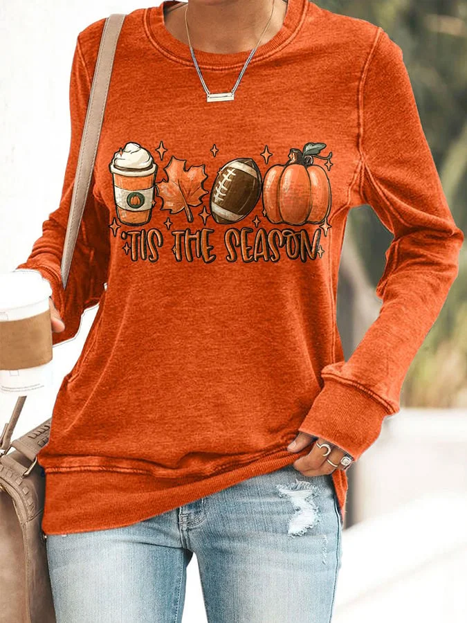 Football Tis The Season Pumpkin Maple Leaf Print Sweatshirt