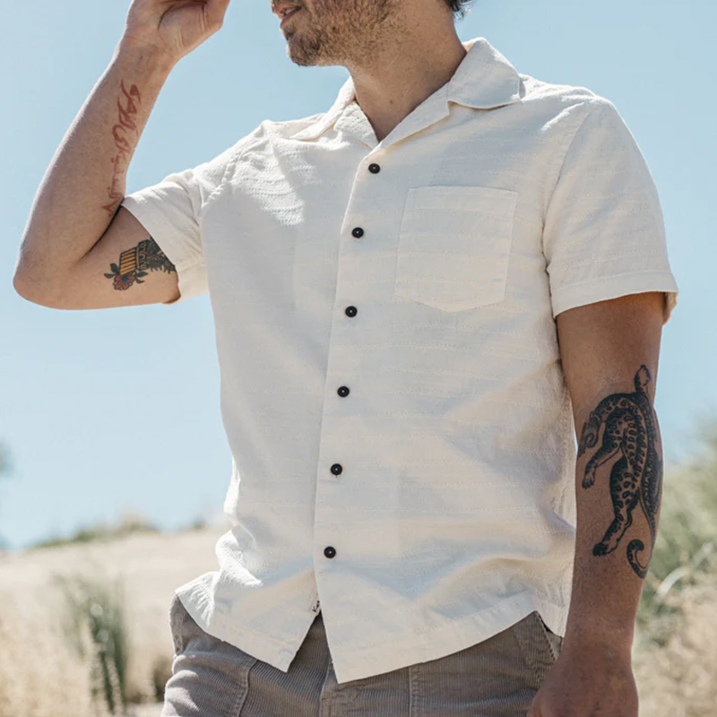 Men's Ivory Jacquard Stripe Short Sleeve Shirt