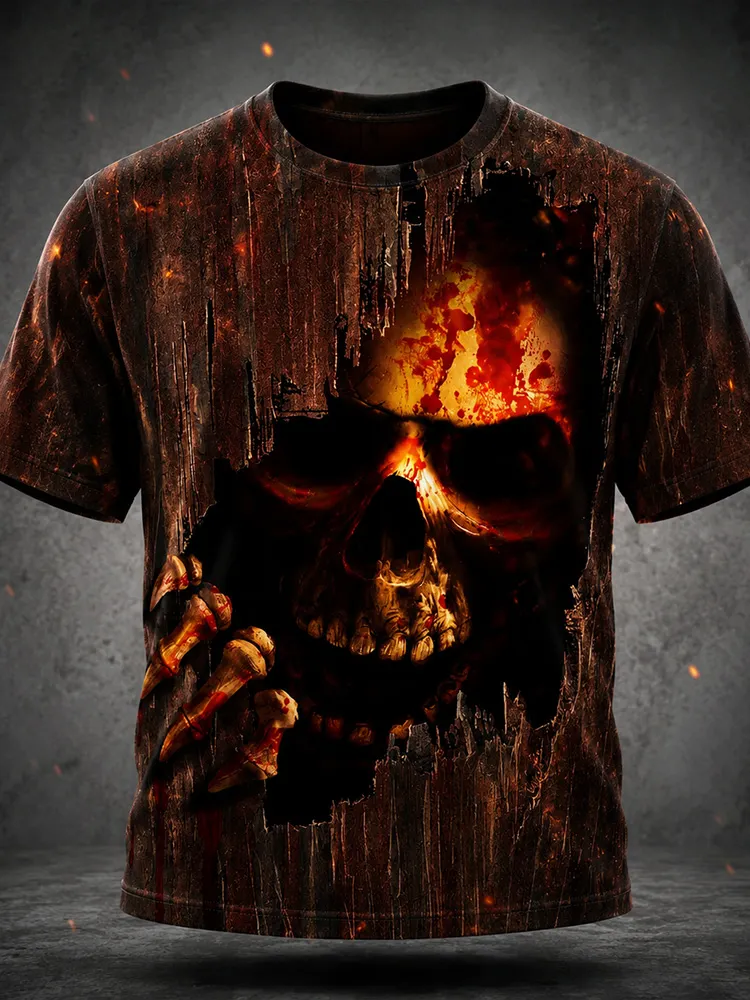 Vintage Halloween Skull And Bloodstain 3d Art Print Casual Crewneck T-shirt