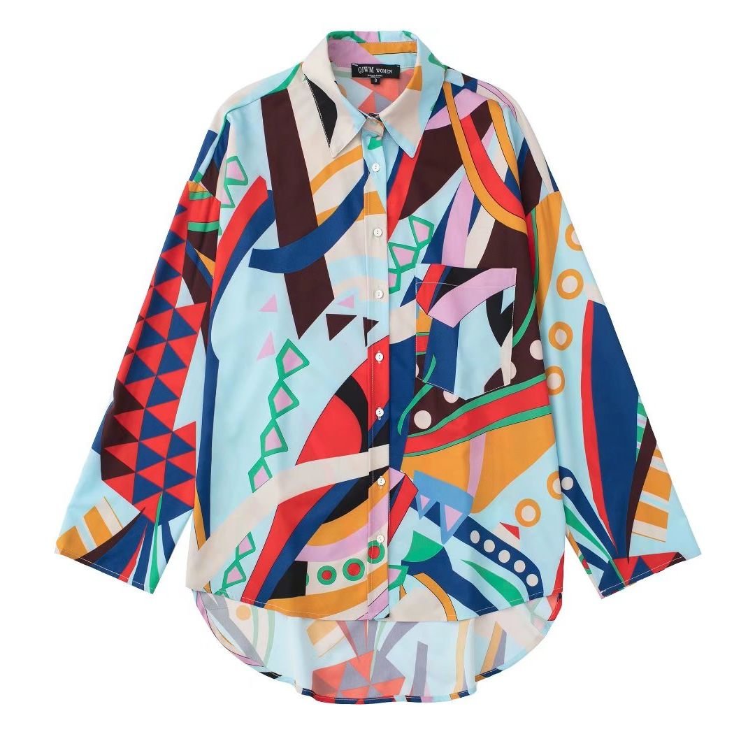 TFMLN 2Pcs Women Print Skirts Shirt Sets 2022 Beach Style Summer Oversized Single Breasted Tops Long Sleeve Outfit Pleated Dress