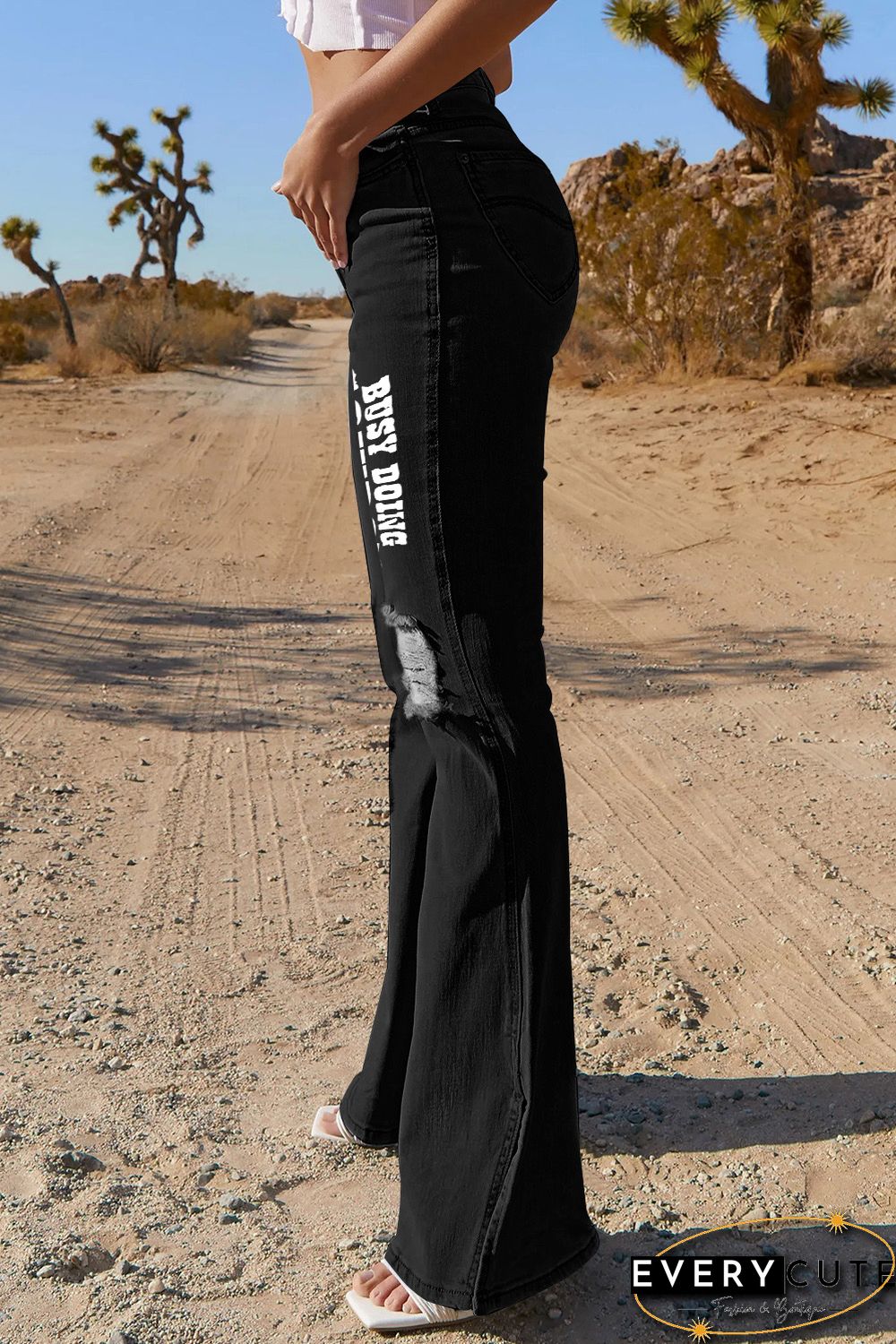 Letter Print Side Split Distressed Flare Jeans