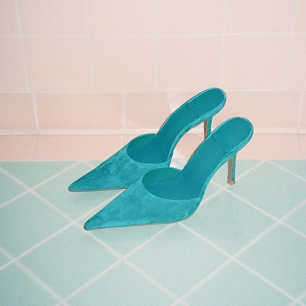 Teal Vegan Suede Pointed Toe Slip-On Stiletto Heeled Mules