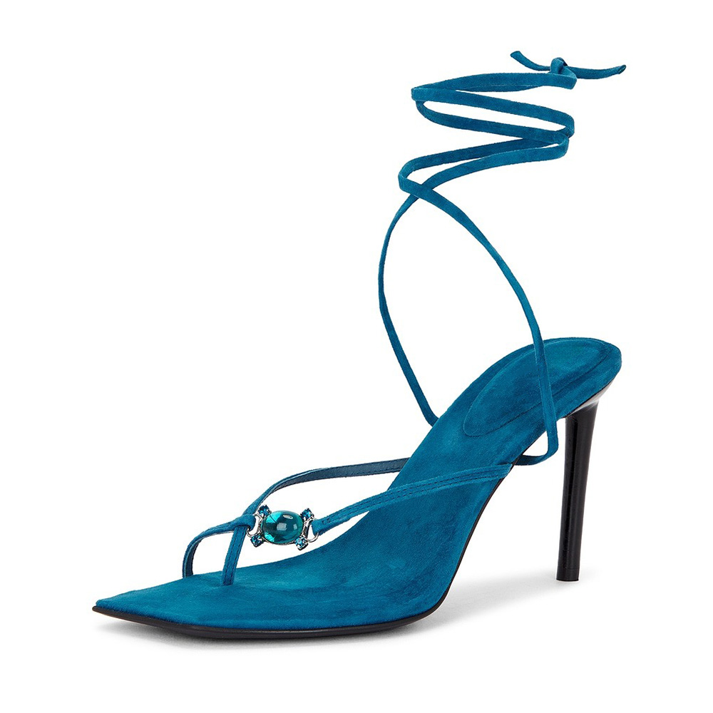 Teal Vegan Suede Rhinestone Decor Strappy High Heel Sandals Nicepairs