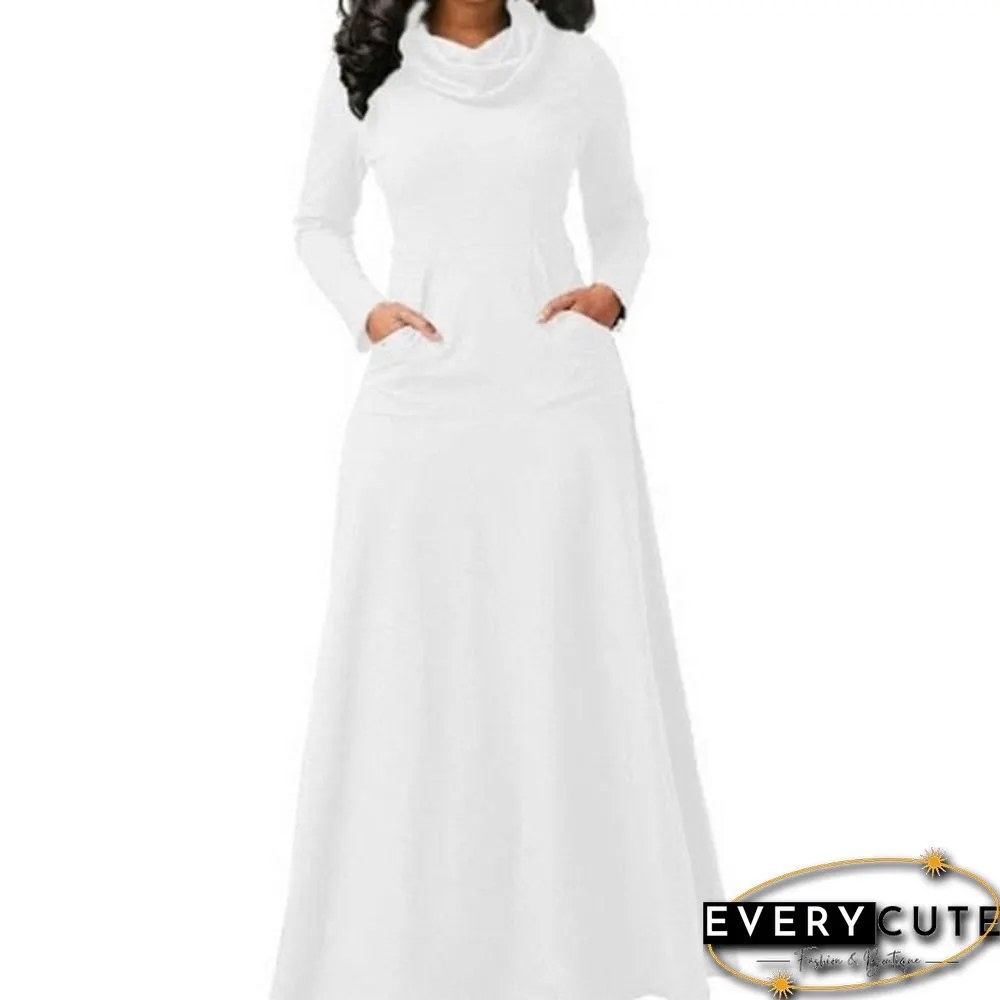 Women Warm Dress With Pocket Casual Solid Vintage Autumn Winter Maxi Dress Robe Bow Neck Long Elegant Dress