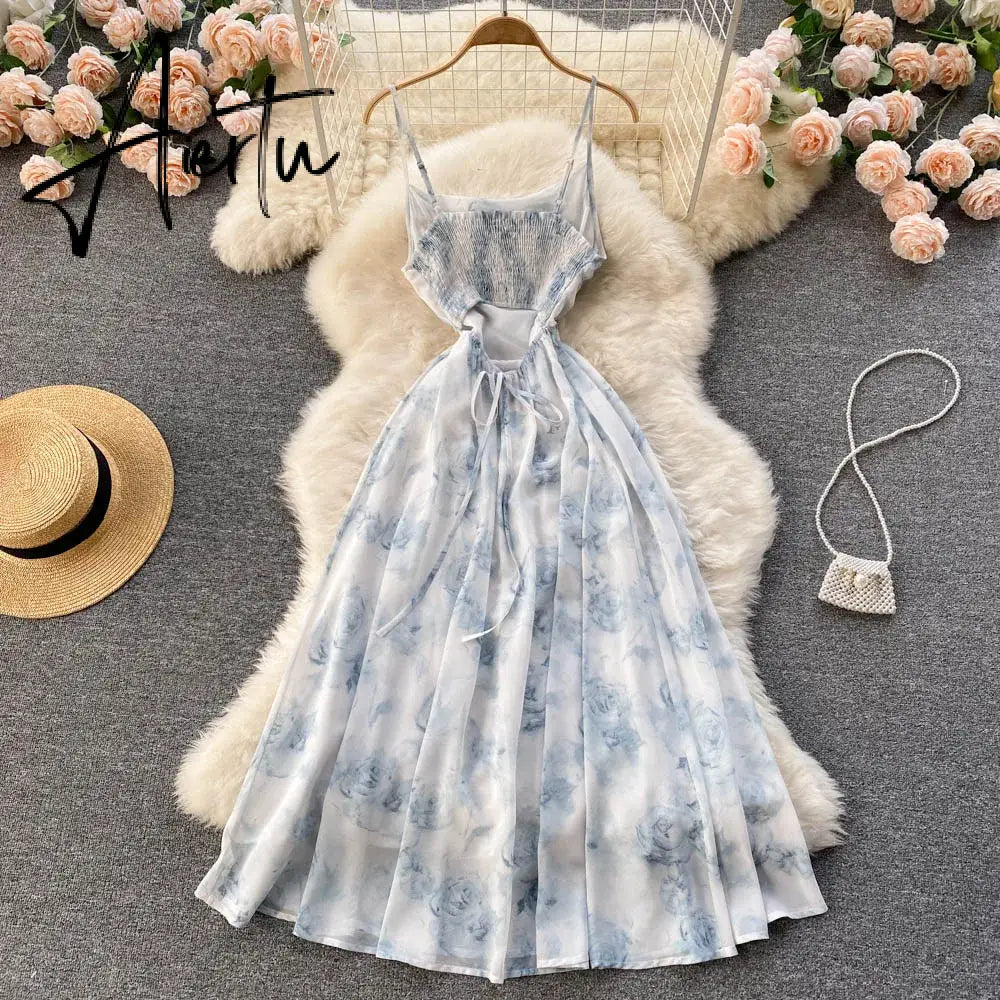 Aiertu  Women Floral Spaghetti Strap Dress Elastic Ruched Sexy Hollow Backless Party Dress Summer Boho Vacation Beach Sundress Aiertu