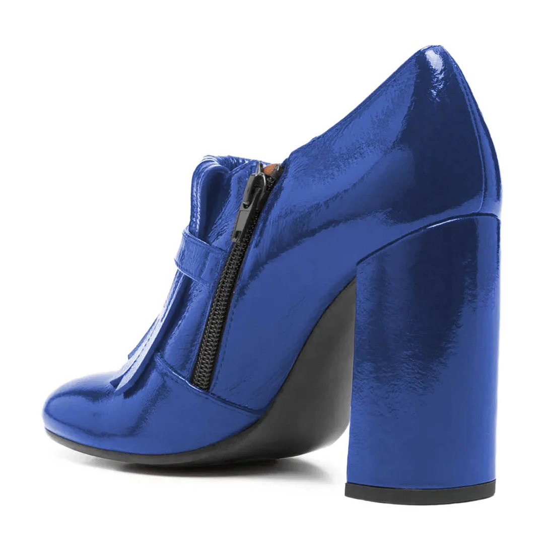 Blue Round Toe Fringe Metal Button Short Boots for Women with Zipper