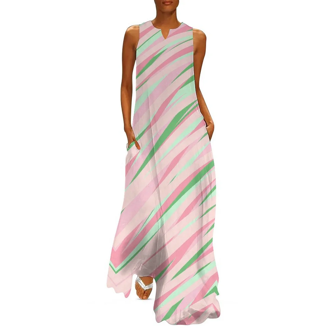 Style & Comfort for Mature Women Plus Size Printed Sleeveless Casual Women Maxi Dress with Pockets in Pattern Pink, Green, Striped