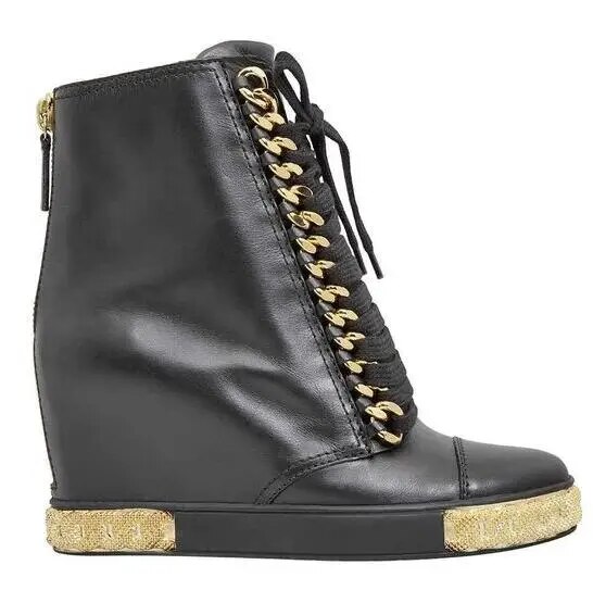 VCSHOES Woman Black 80 Mm Wedge Boots Girls Sliver Gold-Tone Chains Round Toe Casual Ankle Boots Shoes