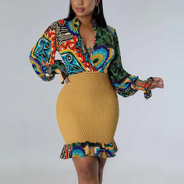 Print V-Neck Long Sleeve Ruffled Bodycon Dress - IRBOOM Fashion Clothing