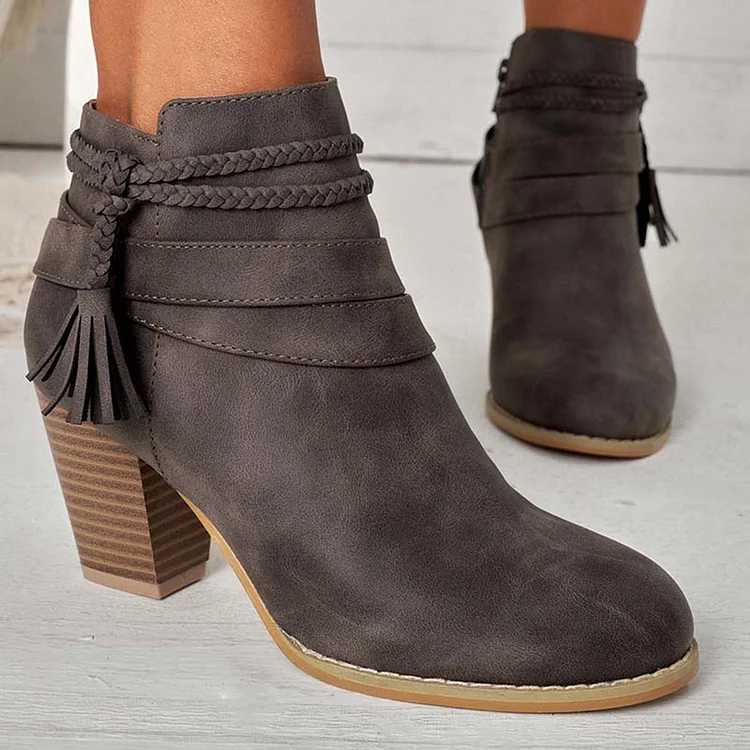 HUXM Western Tassel Chunky Block Heel Ankle Boots Side Zipper Booties