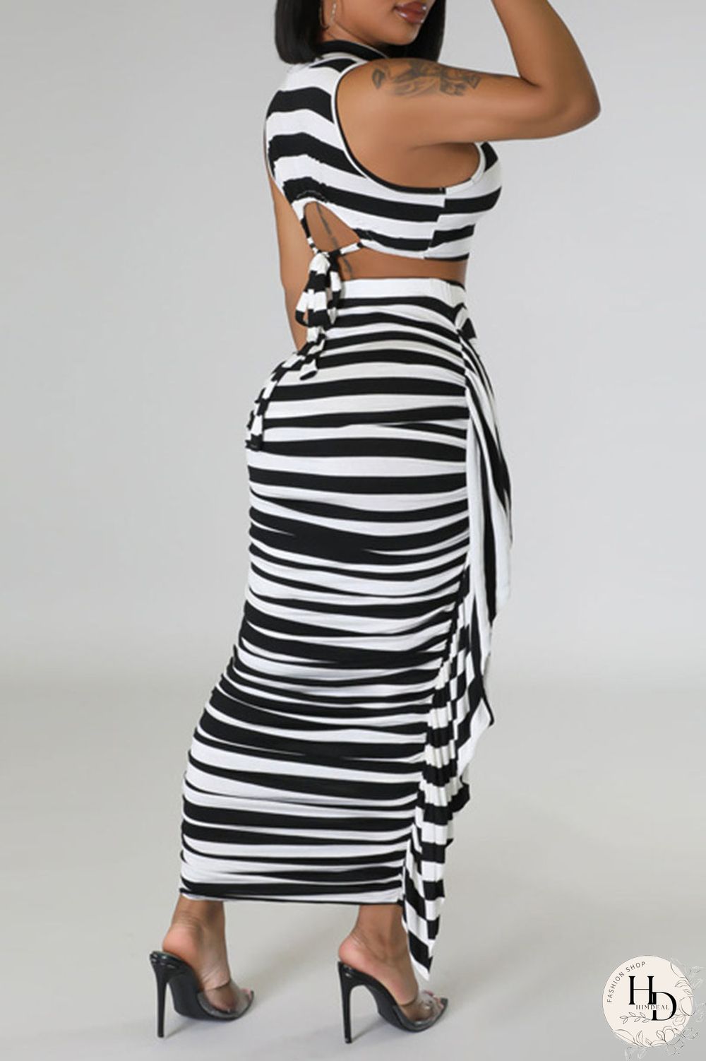 Red Casual Striped Print Patchwork Flounce O Neck Sleeveless Two Pieces