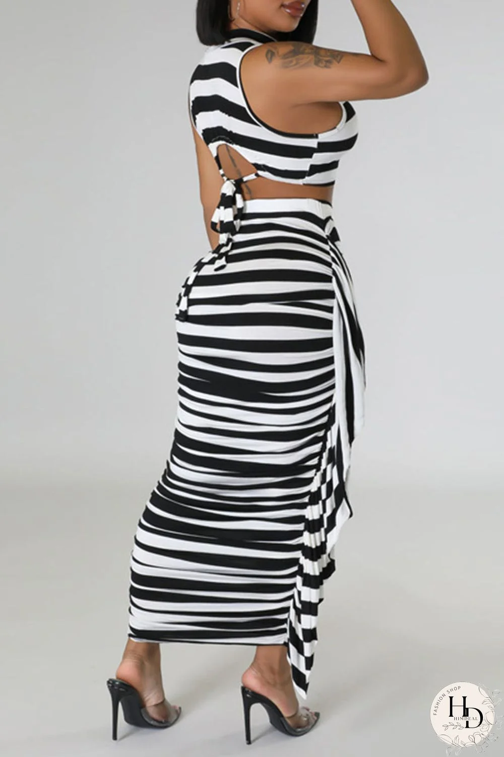 Red Casual Striped Print Patchwork Flounce O Neck Sleeveless Two Pieces