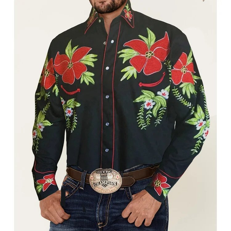 Mens Western Retro Embroidered Shirt