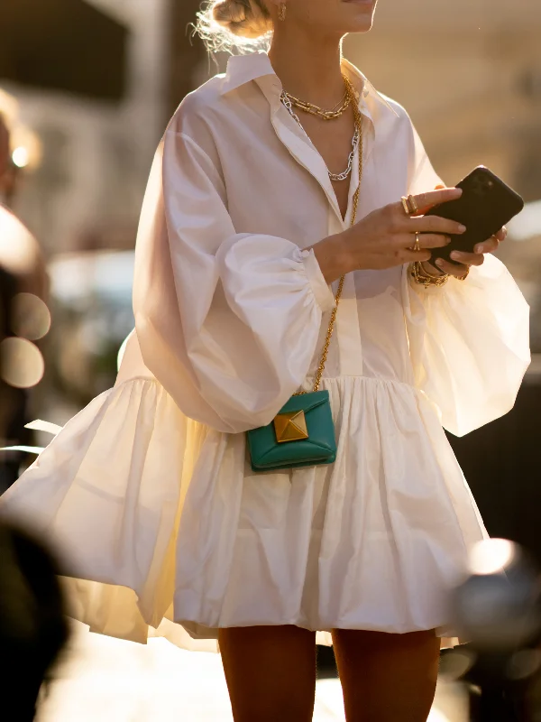 Urban Puff Sleeves Buttoned Split-Joint Pure Color Lapel Mini Dresses Shirt Dress
