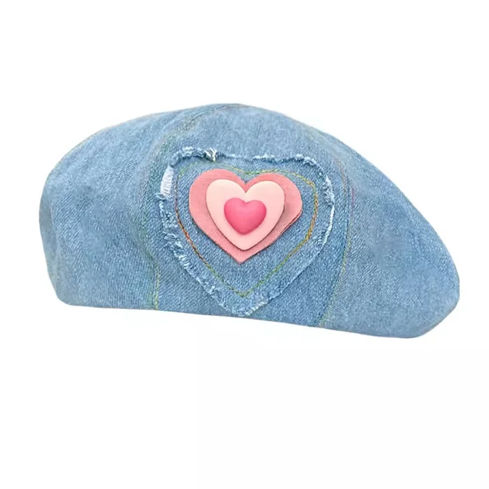 Heart Patch Denim Beret Hat