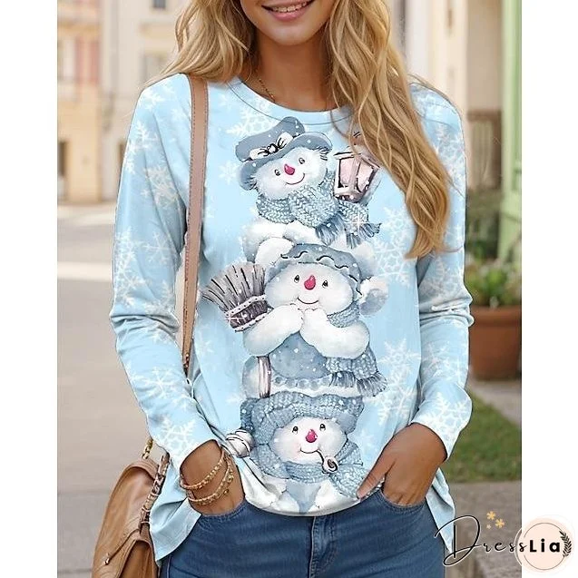 Women's Pink Vintage Snowman Print Round Neck Long Sleeve Top