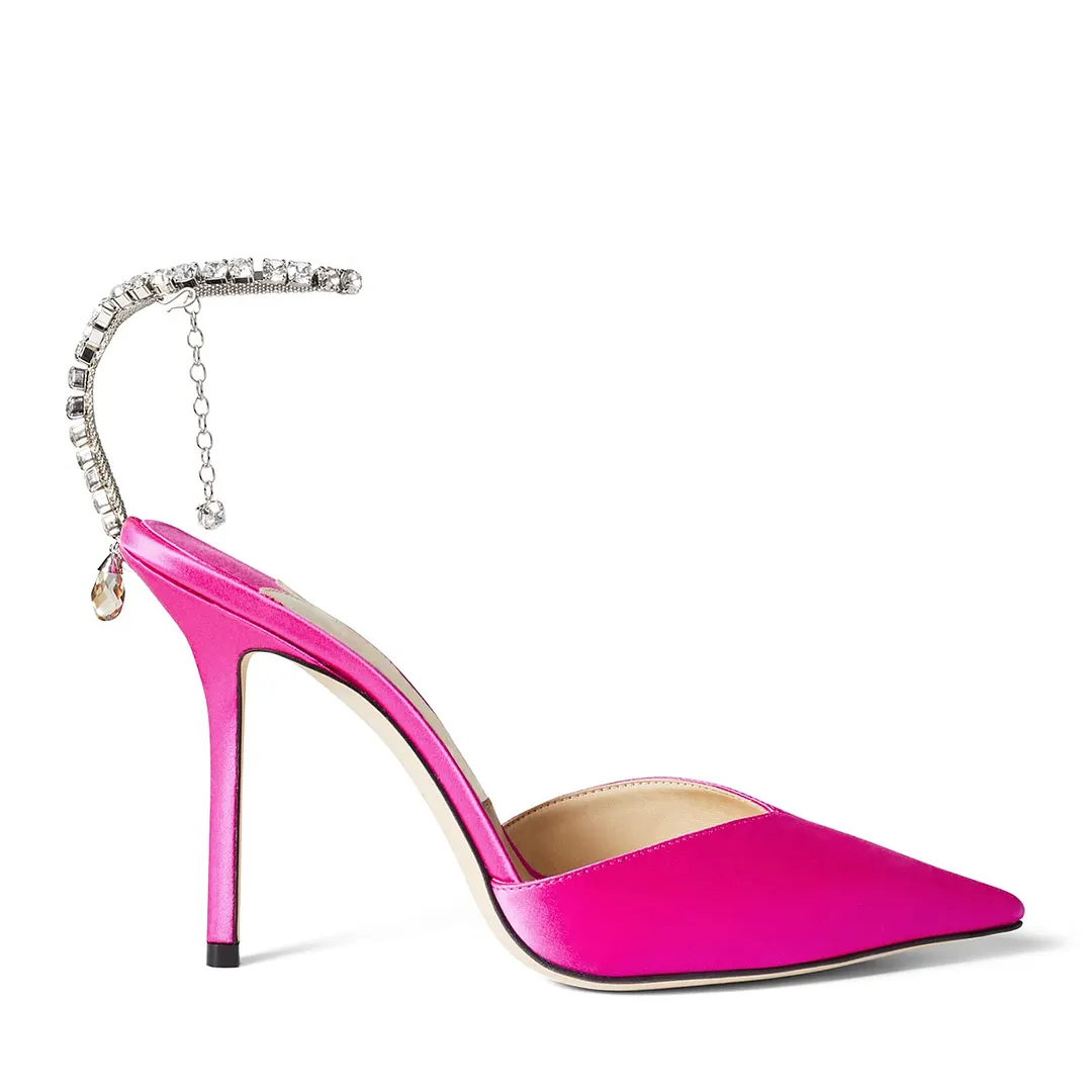 100mm Women's Sandals Crystal Chain Ankle Straps Rhinestones Buckle Heels Stiletto Satin Dress Shoes-vocosishoes