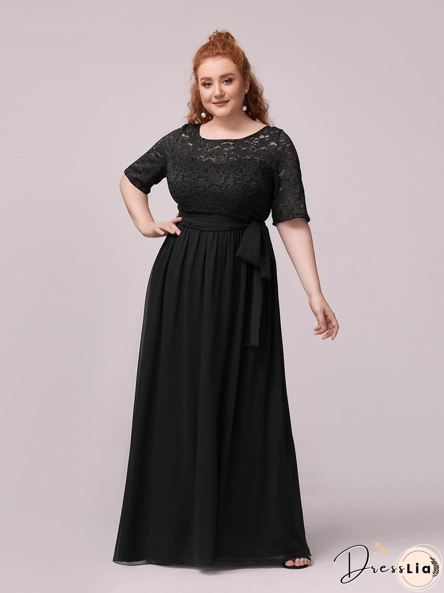 Sophisticated Lace Bodice Chiffon Maxi Evening Gown with Belt for Elegant Occasions