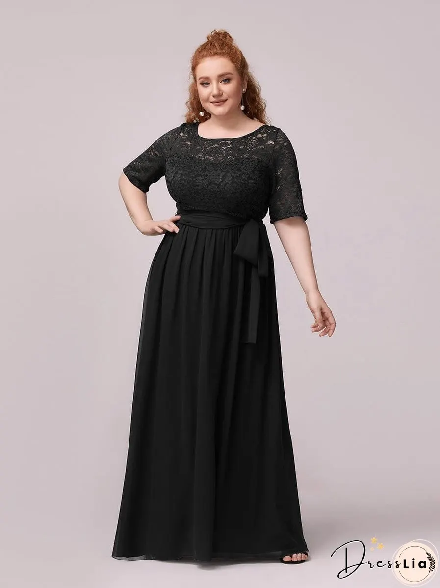 Sophisticated Lace Bodice Chiffon Maxi Evening Gown with Belt for Elegant Occasions