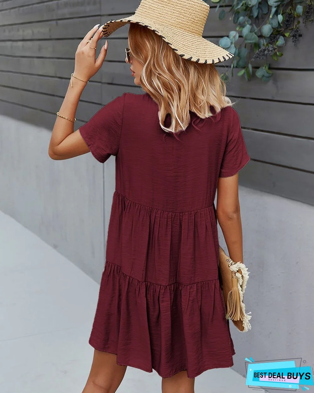Women's Solid Color Dress Spring and Summer Short Sleeve Cotton Skirt