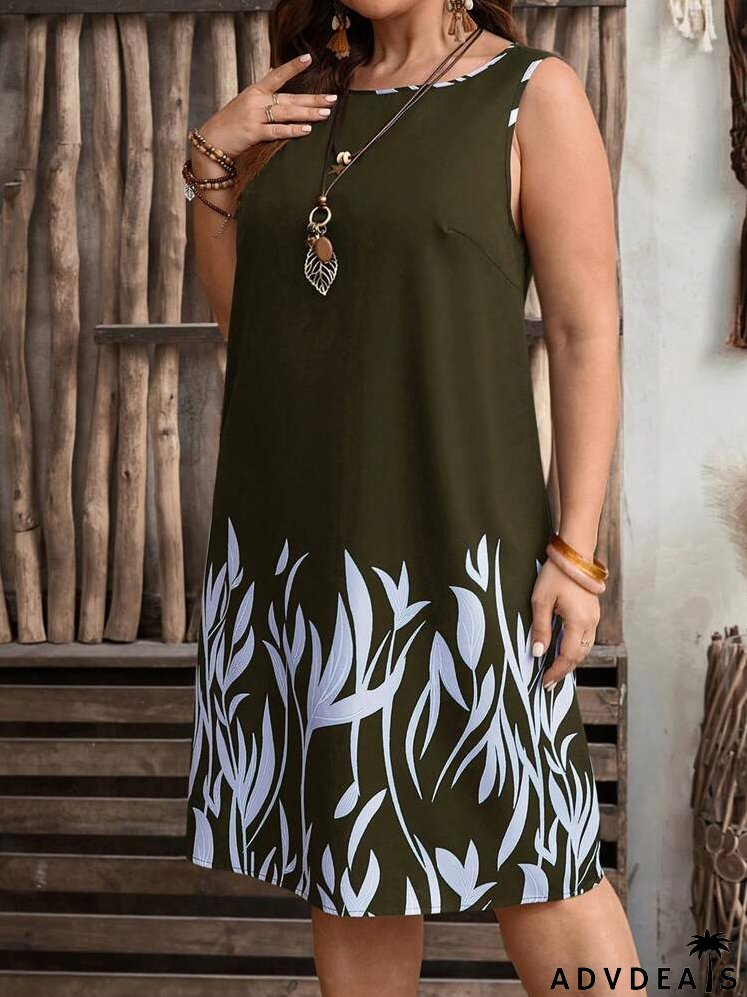 Plus Size Round Neck Sleeveless Printed Summer Holiday Dress
