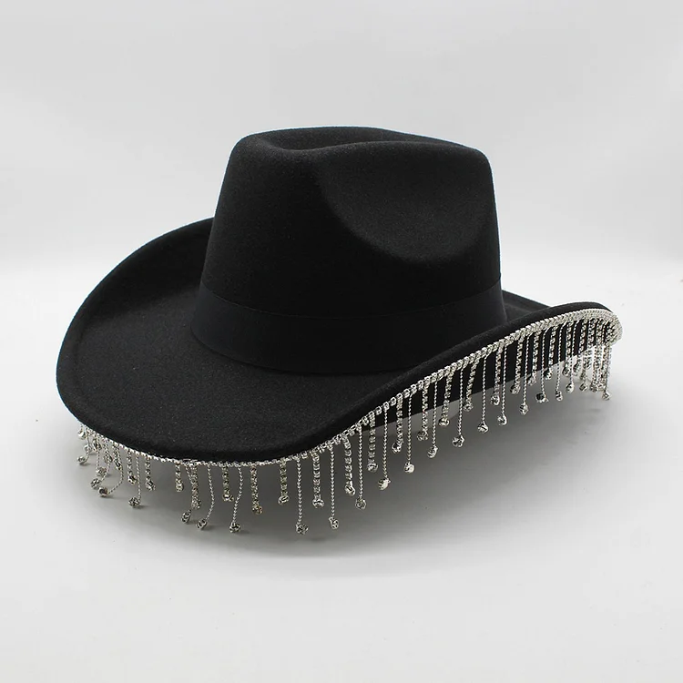 Party Large Eaves Tassel Rhinestone Cowboy Hat-Black