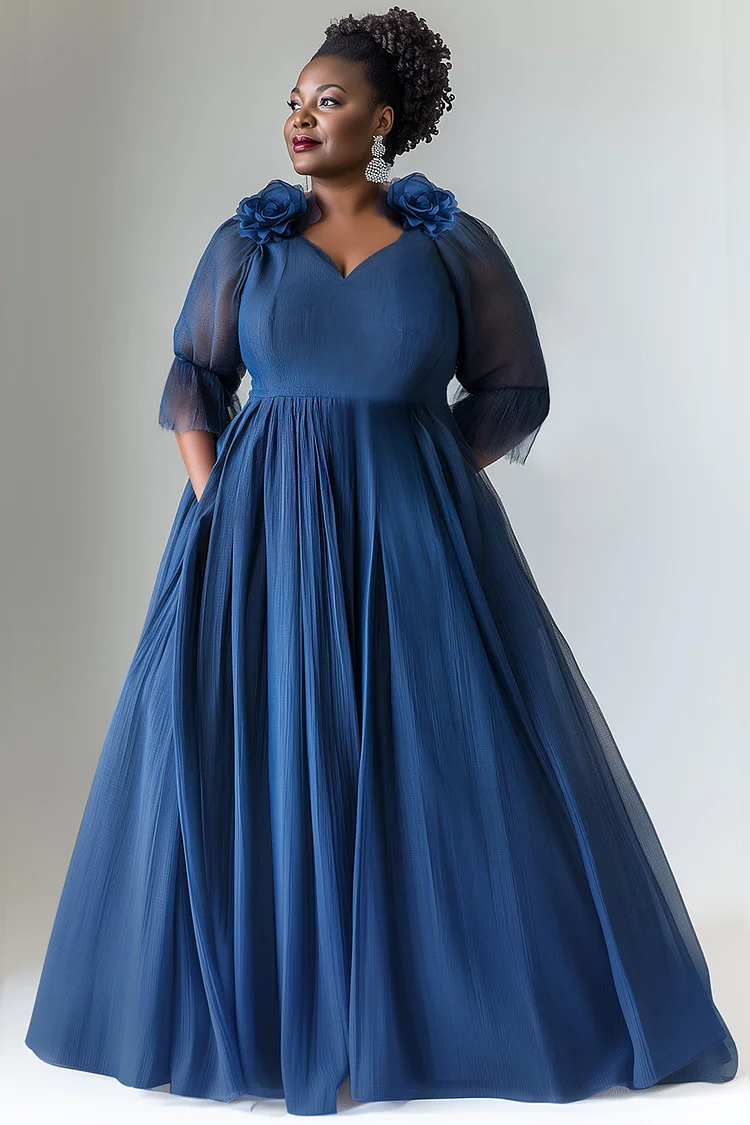Xpluswear Design Plus Size Formal Blue Elegant V Neck 3/4 Sleeve 3D Pocket Tulle Maxi Dresses [Pre-Order] 2024 - Xpluswear