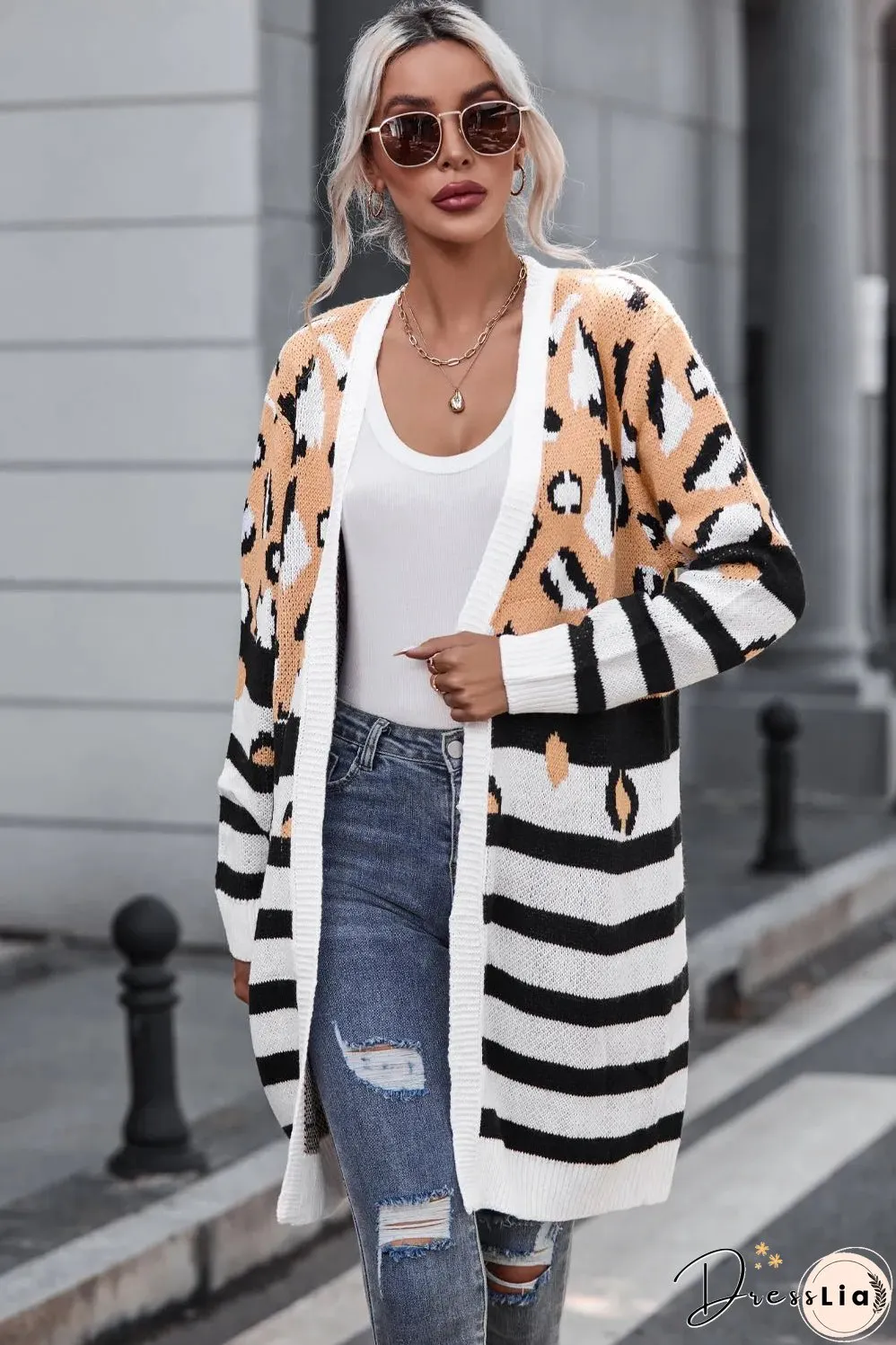 Brown Leopard Striped Mixed Print Open Front Cardigan